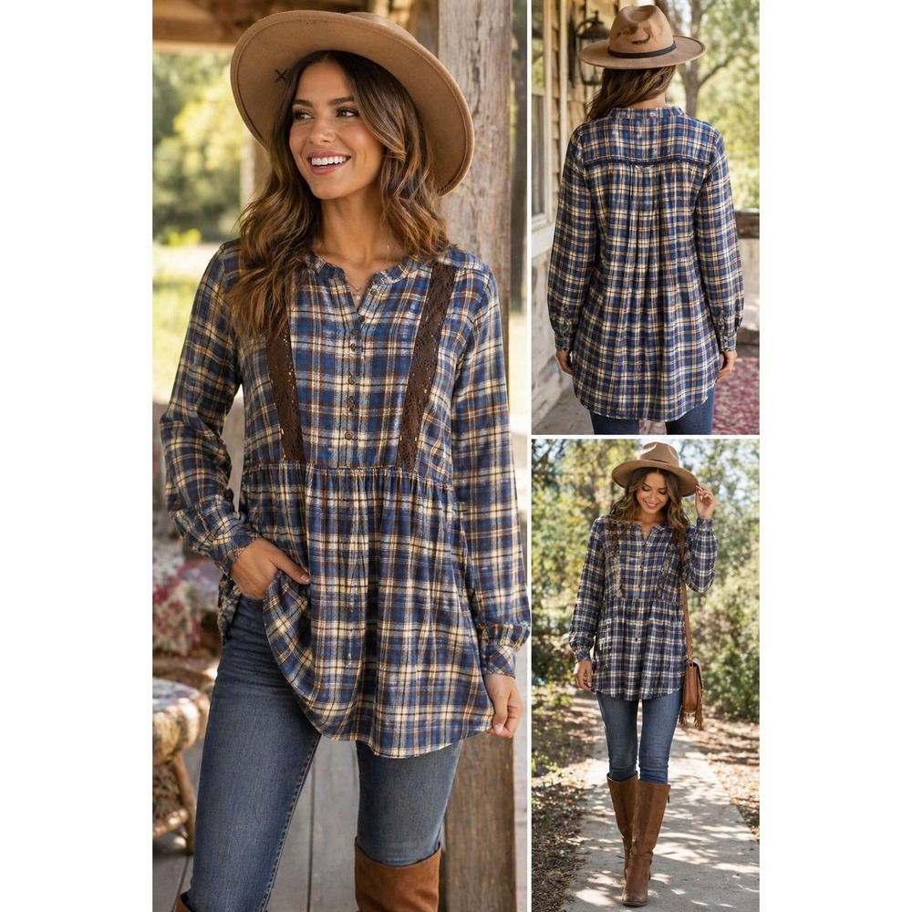 Wrangler Women's Plaid Tunic Top Large Blue Brown Lace Crochet Boho Peasant